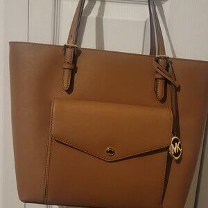 MK MICHAEL KORS Tote Bag Jet Set Large Leather Pocket Color Luggage., Brown